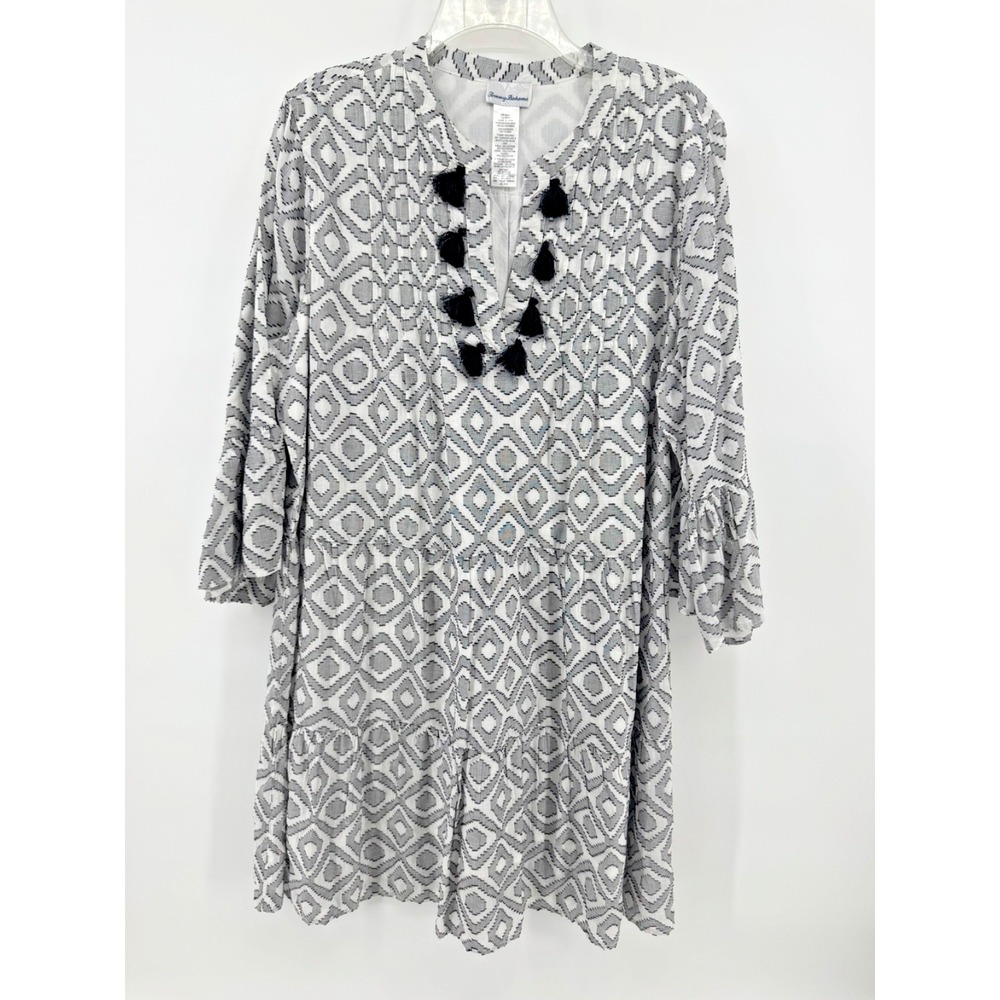 Tommy Bahama XL Gray White Tassel Tunic Dress Cover Up Boho Geo Print resort